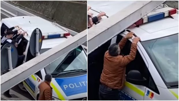 O dubă a poliției, rămasă înțepenită sub un pasaj, în Râmnicu Vâlcea. Agentul care o conducea a fost amendat