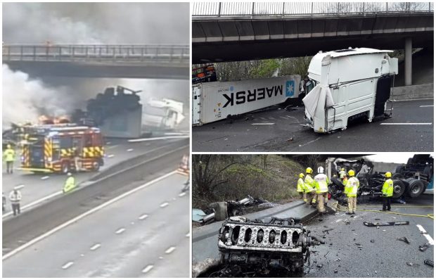 Camion rupt în două și cuprins de flăcări, cabina a fost aruncată de pe șasiu și motorul împrăștiat pe carosabil, pe o autostradă din Anglia
