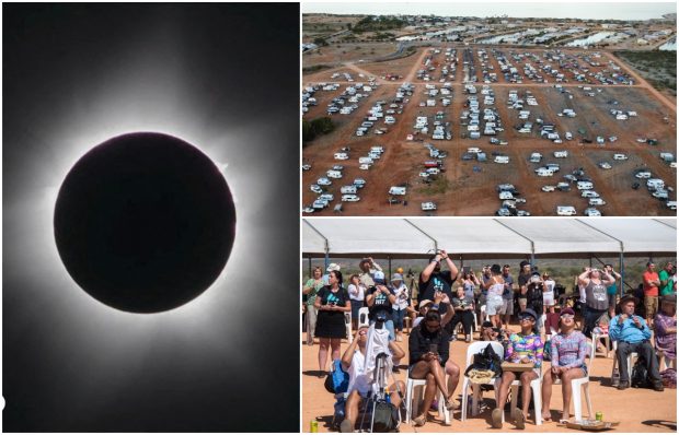Eclipsă solară hibridă totală, vizibilă dintr-un orășel din nord-vestul Australiei care a fost luat cu asalt de mii de oameni