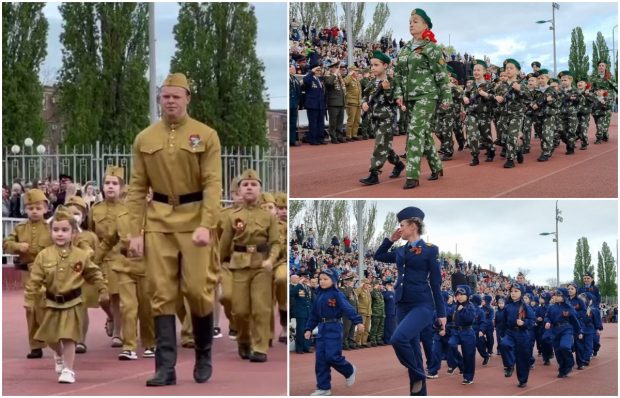 Paradă militară a grădinițelor, pe un stadion dintr-un oraș rusesc din apropierea Ucrainei, pe coasta Mării Azov