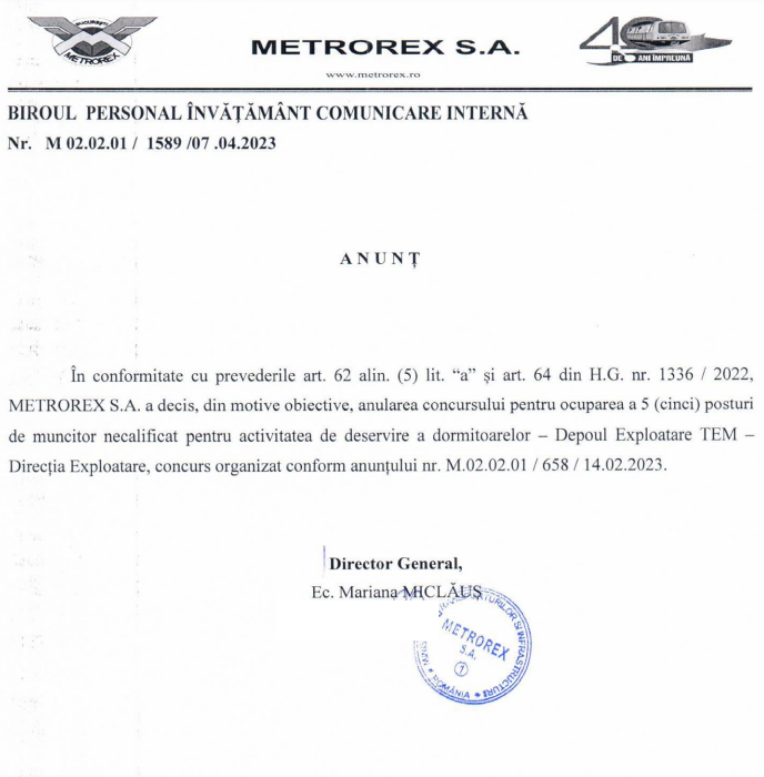 Concurs anulat la Metrorex pentru că o membră a comisiei ar fi rudă cu o participantă. Ce a răspuns instituția