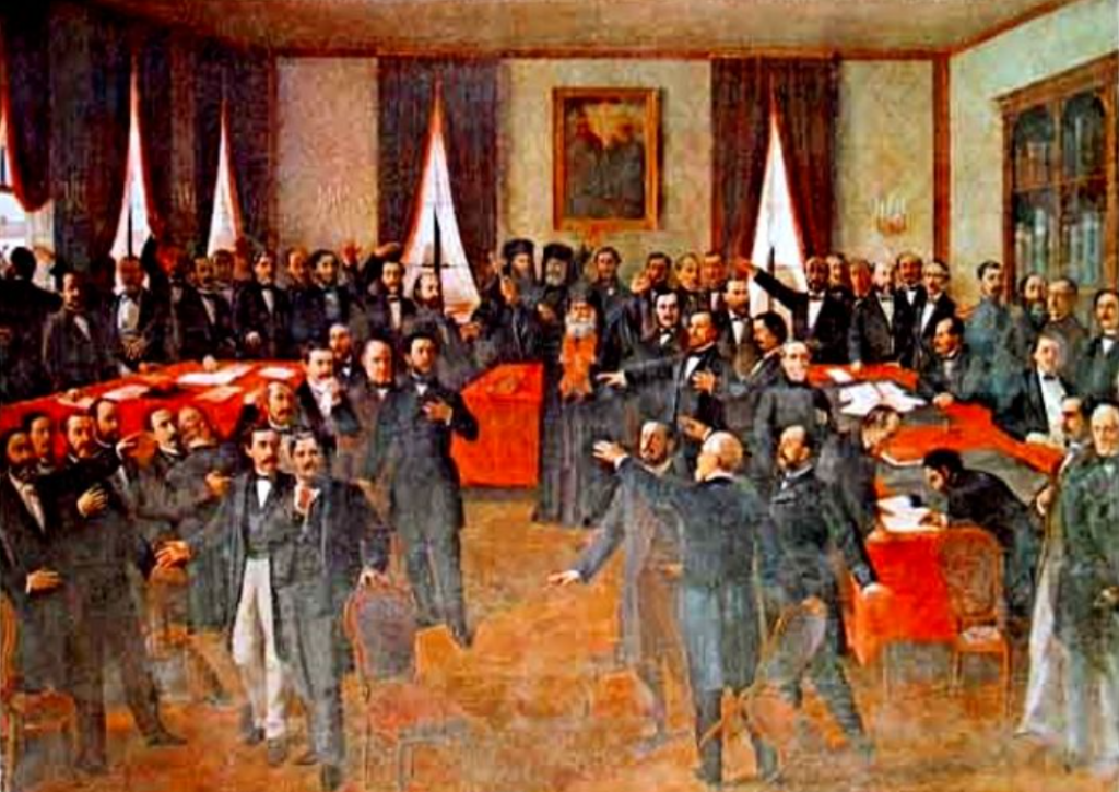 Cum şi-a dobândit România independenţa - Imagine cu o pictură înfăţişând momentul citirii Declaraţiei de Independenţă