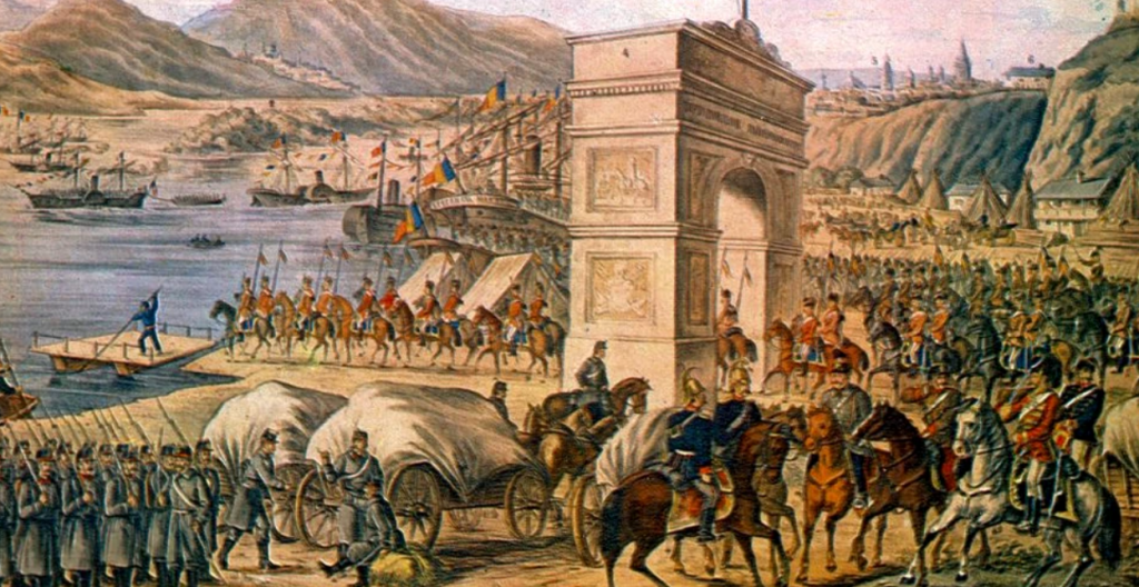Cum şi-a dobândit România independenţa - Imagine cu o litografie infăţişând trecerea Dunării de către trupele română în timpul Războiului de Independenţă