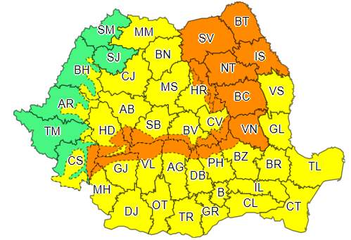 Noi alerte meteo de vreme rea: Cod portocaliu și cod galben de vijelii în aproape toată țara, ninsori și viscol la munte