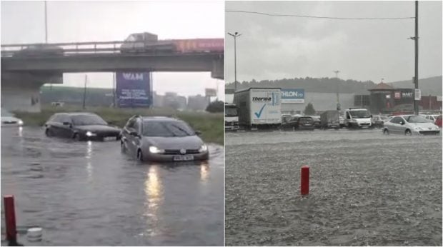 Parcarea unui mall din Cluj, inundată în urma ploii torențiale. Mai multe mașini și persoane au rămas blocate