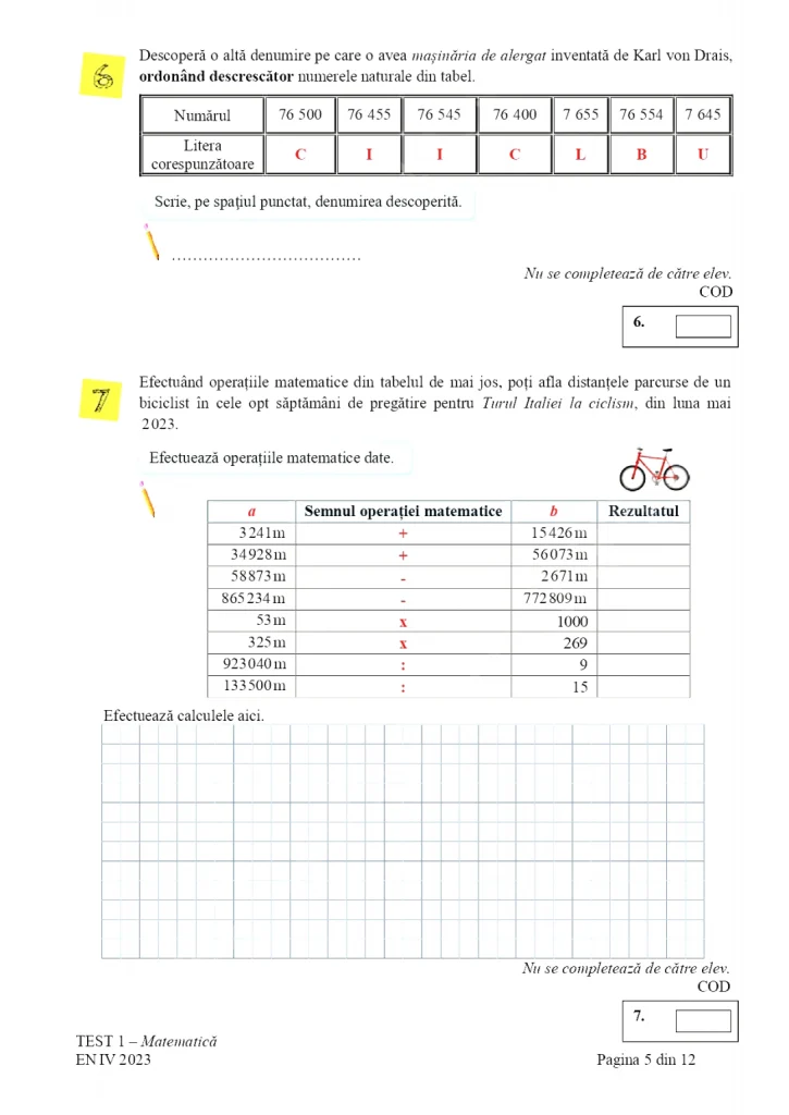 Subiectele la matematică la Evaluarea Națională 2023 pentru clasa a IV-a. Ce au avut elevii de rezolvat