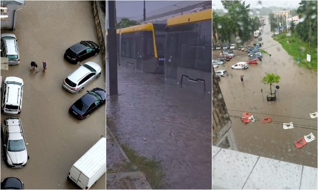 Inundație pe străzile din Reșița, după o ploaie torențială. Județul Caraş-Severin se află sub portocaliu de vremea rea