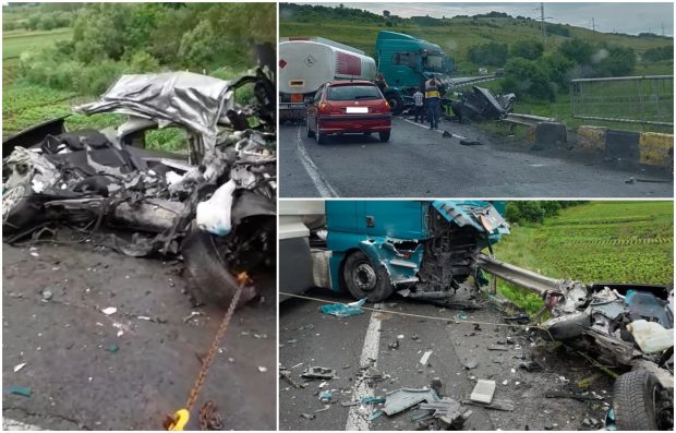 Un morman de fiare a rămas din mașina în care au murit doi tineri, după ce șoferul a intrat pe contrasens într-o cisternă, pe DN1, în Cluj