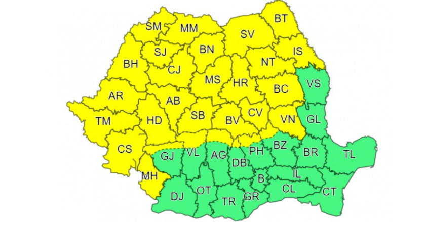 Noi avertizări meteo. Cod galben de ploi torențiale, grindină și vijelii în mai bine de jumătate din țară