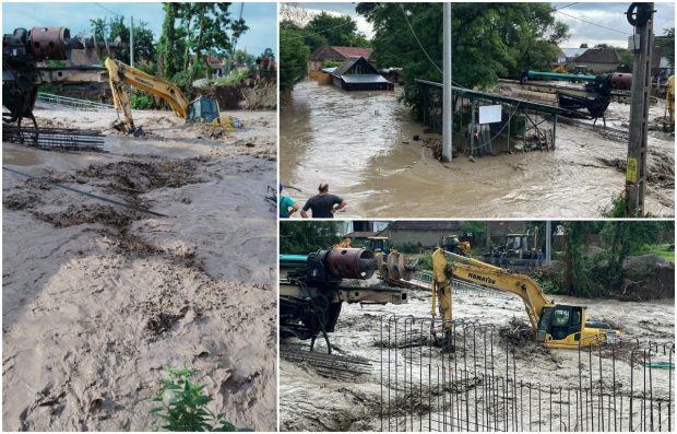 Un pod în construcție a fost distrus de viitură, în Covasna. Rupere de nori duminică de dimineață, utilaje grele luate de ape