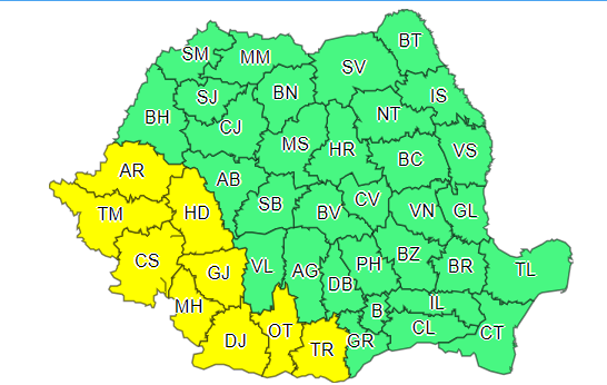 Alertă cod galben de ploi torențiale și vijelii în sud-vestul țării. Cum va fi vremea la București