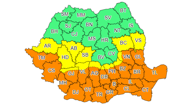 România, împărțită între vijelii și caniculă. Cod portocaliu de furtuni pentru jumătate de țară, în timp ce în sud „valul de căldură se va intensifica”
