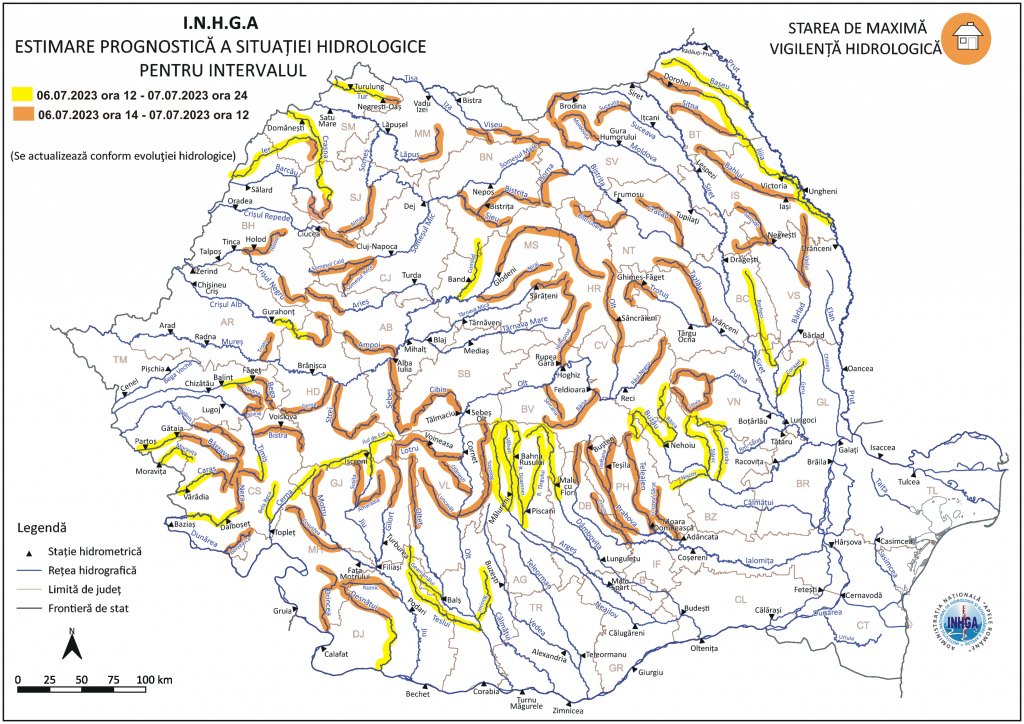 Cod portocaliu de inundații, emis de hidrologi. Harta zonelor unde sunt așteptate viituri