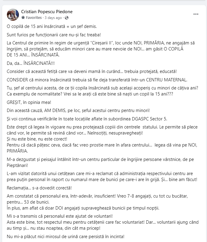 Încă o demitere făcută de Piedone pe Facebook. Ce valoare are? Șefa DGASPC Sector 5: „Nu are nicio pârghie legală. A fost o reacție umană a domnului primar”