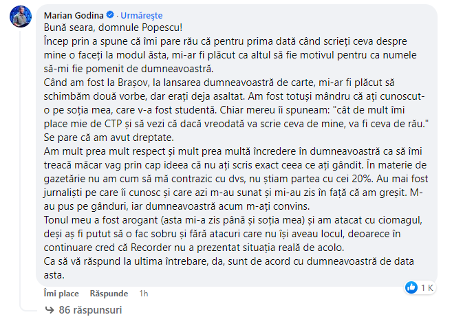 CTP, replică pentru Godină, după criticile aduse investigației Recorder: O atitudine demnă de un „jurnalist" de la „Cloaca cu puii de AUR". Polițistul i-a răspuns