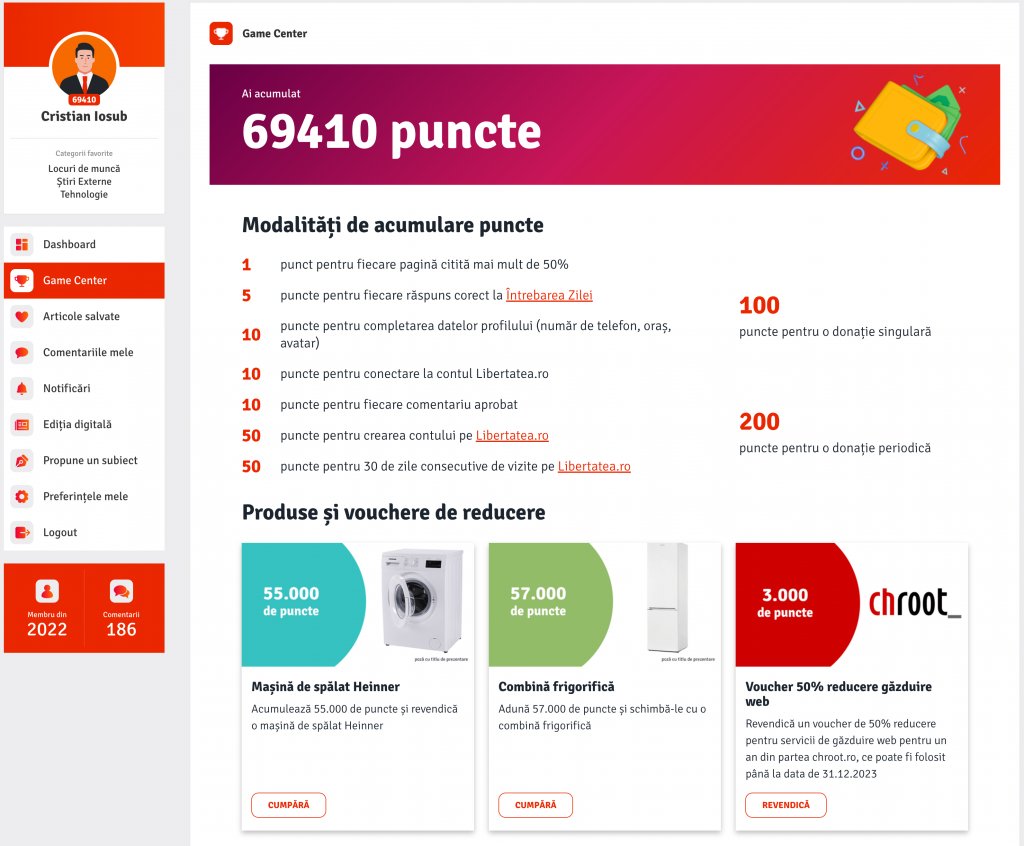 Acțiunile tale în site-ul Libertatea îți aduc puncte pe care le poți transforma în produse sau reduceri