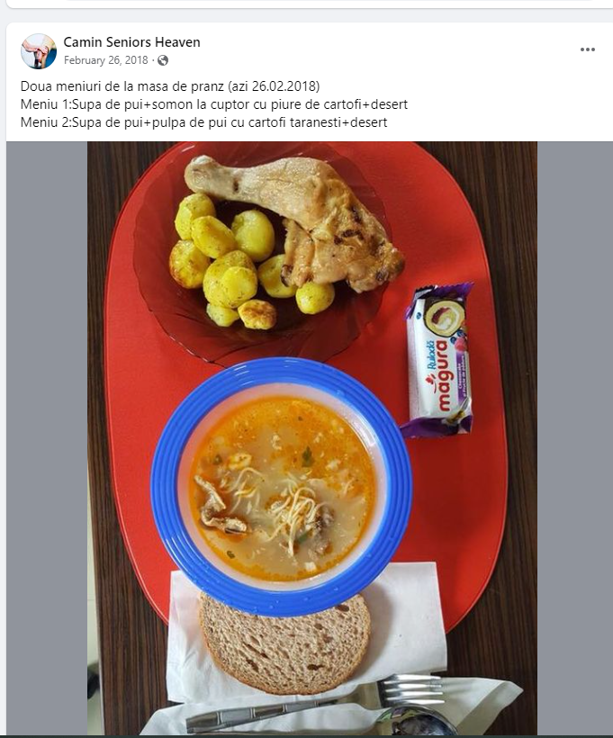 O fotografie cu meniul de la prânz postată pe pagina de Facebook a căminului în februarie 2018