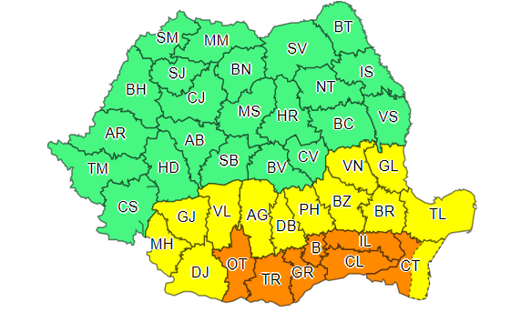 Noi alerte meteo: cod portocaliu și galben de vijelii în mare parte din țară, val de caniculă în sud și sud-est