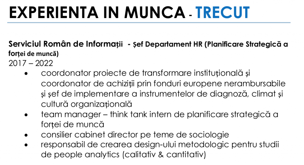 SRI neagă funcțiile menționate în CV de locotenentul devenit asistent universitar la Jurnalism: „Nu a fost șef de departament HR și nici consilier la cabinetul directorului”