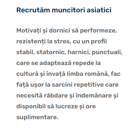 Anunțurile agențiilor care aduc muncitori asiatici în România trădează riscul de exploatare a lor în țară: „dispuși la ore suplimentare și efort fizic prelungit”