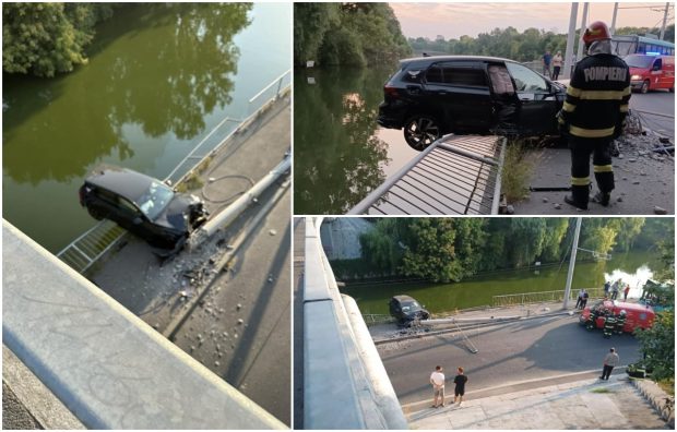 Mașină furată de un băiat de 13 ani, suspendată deasupra lacului Străulești. A rupt un stâlp, pe bulevardul Bucureștii Noi