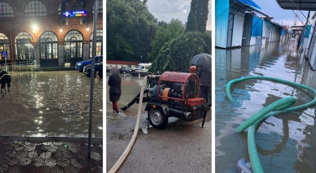 Gara Burdujeni și Bazarul din Suceava, inundate în urma unei ploi puternice