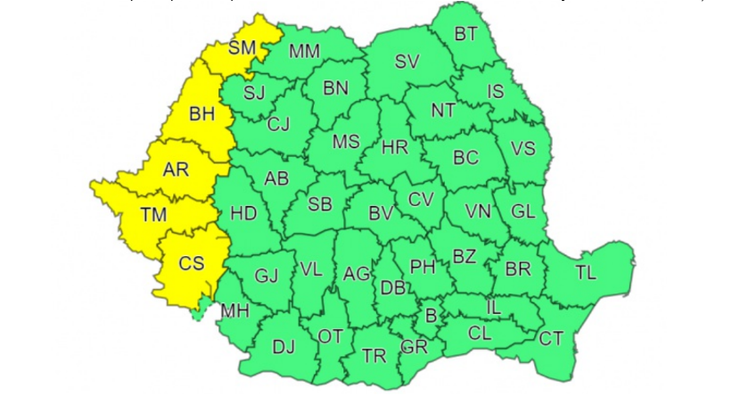 Cod galben de vijelii și ploi torențiale în vestul țării. Zonele vizate de avertizarea meteo de vreme extremă