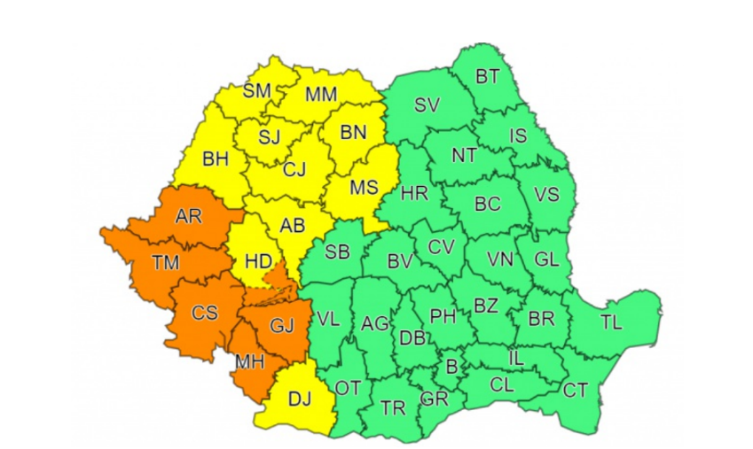 Aproape jumătate de țară, sub cod portocaliu și galben de vijelii, grindină și ploi torențiale. Până când e valabilă avertizarea meteo