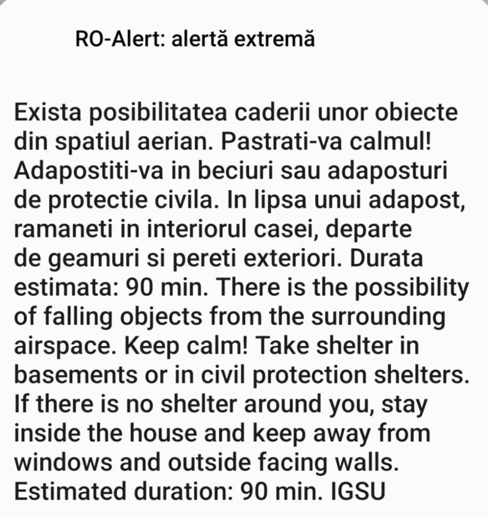 Mesaj RO-Alert primit de locuitorii din Tulcea, la miezul nopții. „Alertă extremă. Există posibilitatea căderii unor obiecte din spațiul aerian”