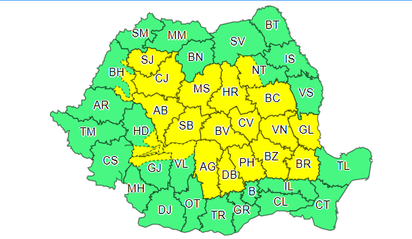 Ploi, vijelii și grindină în mare parte din țară. Harta zonelor aflate sub cod galben
