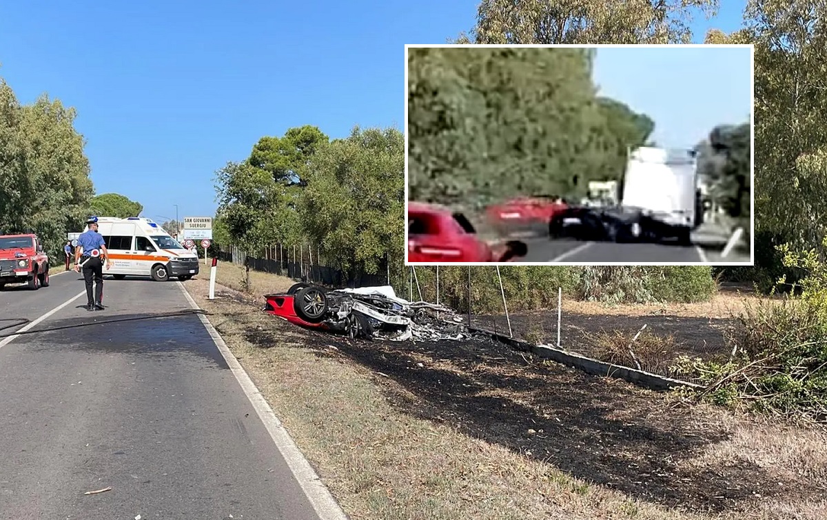 Il momento in cui una Ferrari, una Lamborghini e un Camper entrano violentemente in Italia.  Una coppia è morta, Carbone