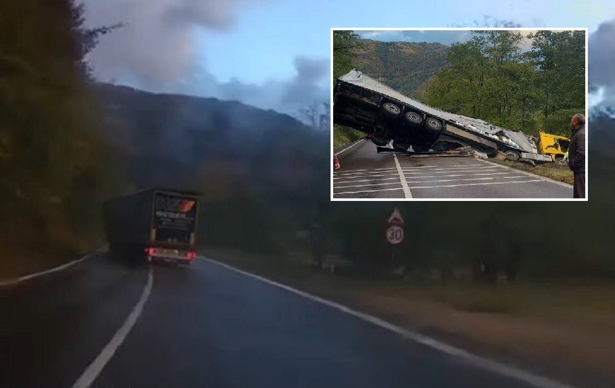 Video cu momentul în care un camion care mergea cu 85 km/h se răstoarnă la Câineni, pe Valea Oltului