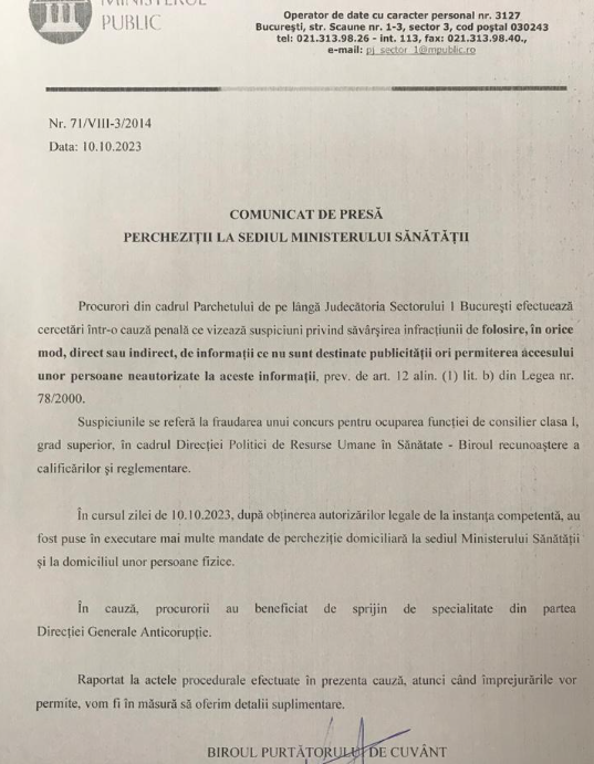 Direcția Generală Anticorupție a descins la Ministerul Sănătății în timpul unui concurs