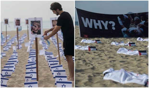 Copacabana, cea mai cunoscută plajă din Brazilia, împânzită cu 1.400 de steaguri ale Israelului, dar și cu giulgiuri în memoria copiilor uciși în Gaza | FOTO