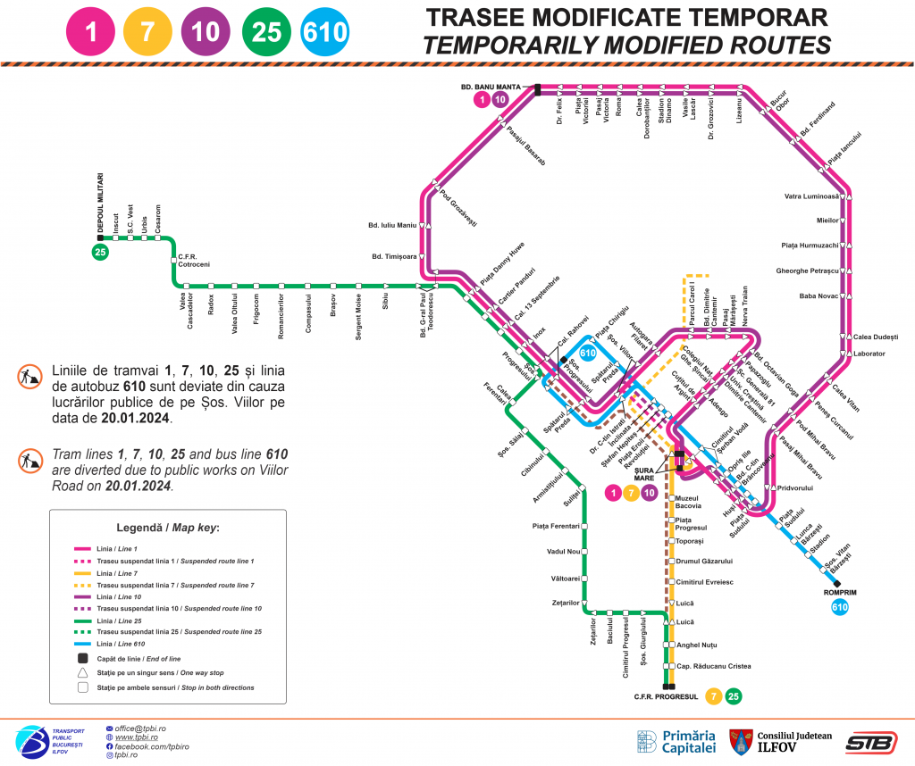 5 linii de tramvai și autobuz din București vor fi deviate sâmbătă