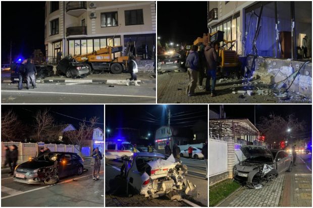 Un camion cu macara a rămas fără frâne, a făcut praf 14 mașini și s-a oprit în zidul unui bloc, în Rusia | VIDEO