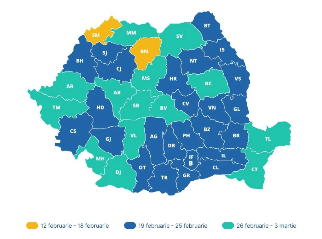 Vacanța de schi 2024 - harta vacanței copiilor din lunile februarie-martie - Imagine cu harta judeţelor României, în care este evidenţiată perioada în care elevii din fiecare judeţ au programată Vacanţa de Schi.