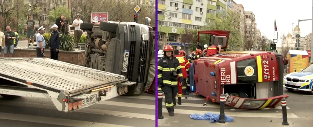 Accident în Bucureşti. Ambulanţă SMURD, răsturnată după o ciocnire cu un autoturism