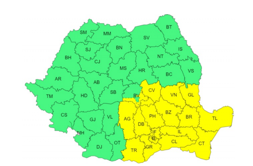 Avertizare meteo de ploi torențiale și vijelii în aproape jumătate de țară. Harta zonelor aflate sub cod galben