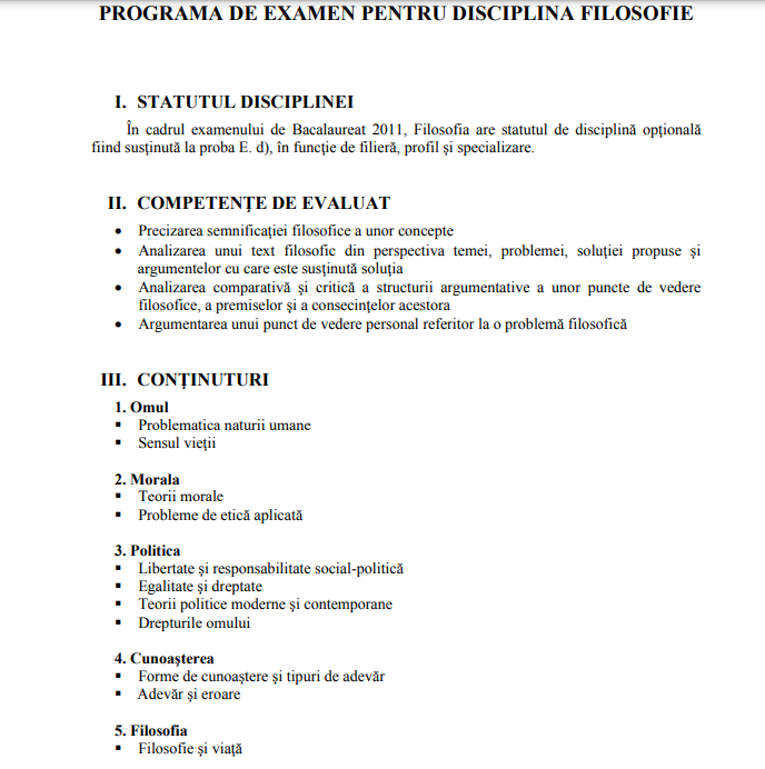 Programă Filosofie Bac 2024