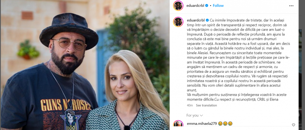 CRBL și Elena divorțează după 16 ani de căsnicie. Mesajul transmis de cei doi. „Am ajuns la concluzia că este mai bine pentru noi”