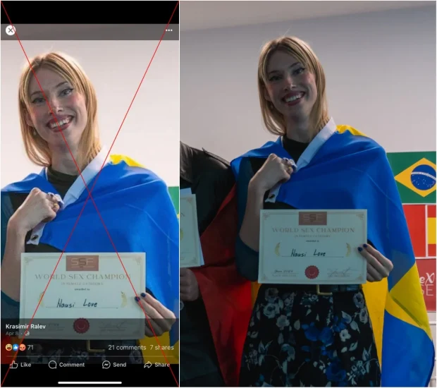 Fotografia unei suedeze distribuită în mod fals pe rețelele sociale drept „câștigătoarea ucraineană a Campionatului Mondial de Sex”