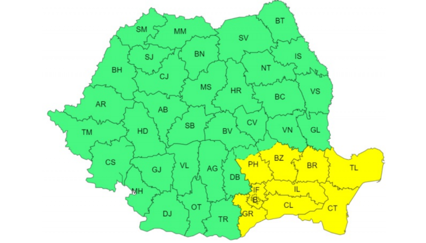 Alertă meteo: sud-estul țării, sub avertizare cod galben de vânt puternic. Cum va fi vremea la București