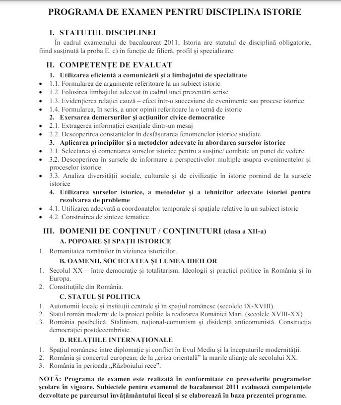 Programă Istorie Bac 2024 - Teme de studiu pentru Bacalaureat