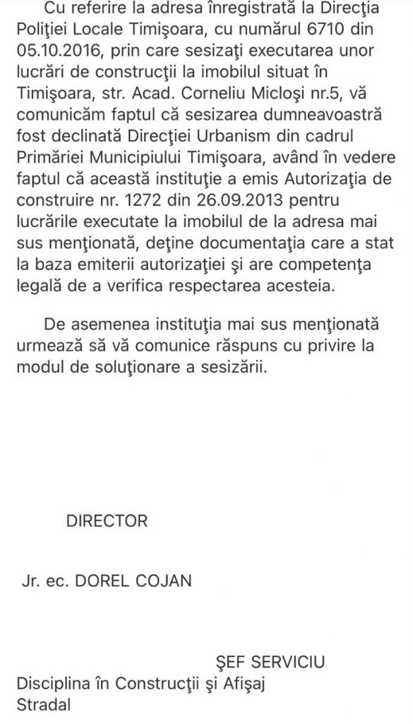 EXCLUSIV Sesizările făcute autorităților de familia din Timișoara terorizată de vecini: „Ne-au amenințat cu moartea. Se va ajunge la violențe”. Ce reacție au avut instituțiile statului 3 raspuns politia locala 2016