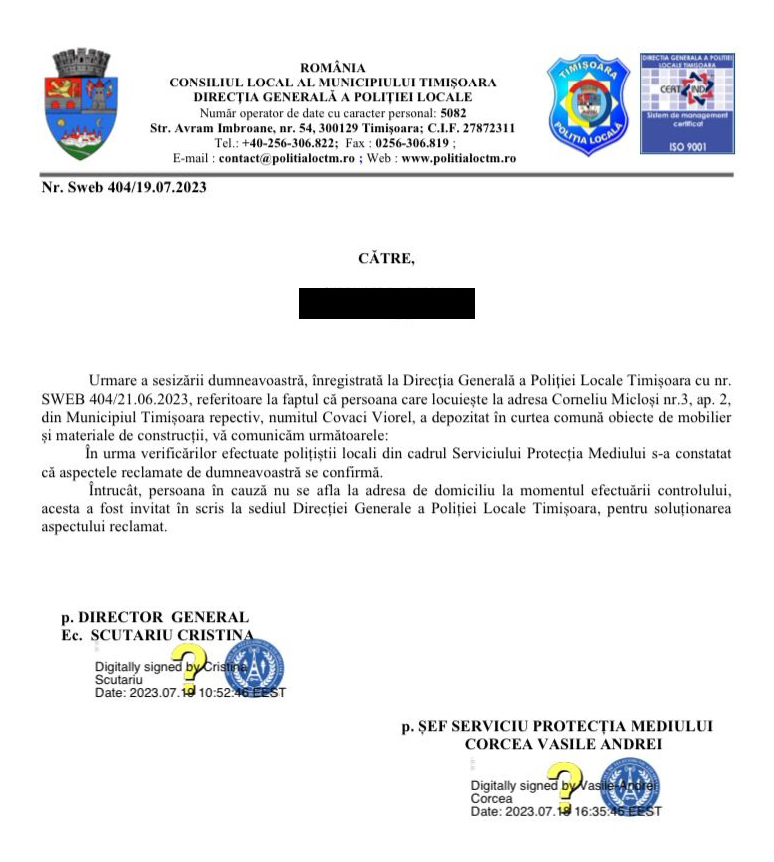 EXCLUSIV Sesizările făcute autorităților de familia din Timișoara terorizată de vecini: „Ne-au amenințat cu moartea. Se va ajunge la violențe”. Ce reacție au avut instituțiile statului 6 raspuns politia locala 2023