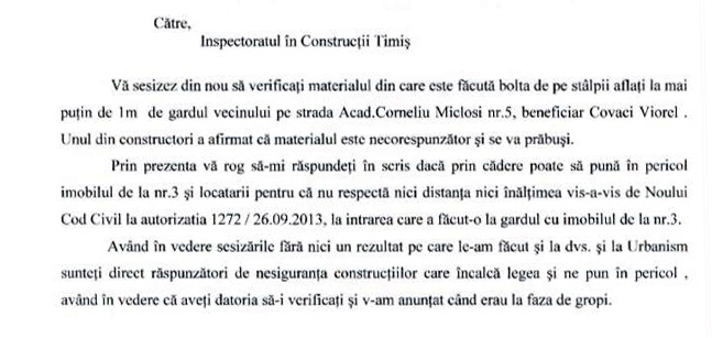 EXCLUSIV Sesizările făcute autorităților de familia din Timișoara terorizată de vecini: „Ne-au amenințat cu moartea. Se va ajunge la violențe”. Ce reacție au avut instituțiile statului 4 sesizare inspectoratul de stat in constructii