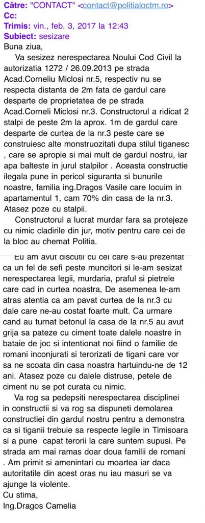 EXCLUSIV Sesizările făcute autorităților de familia din Timișoara terorizată de vecini: „Ne-au amenințat cu moartea. Se va ajunge la violențe”. Ce reacție au avut instituțiile statului 5 sesizare politia locala 2017