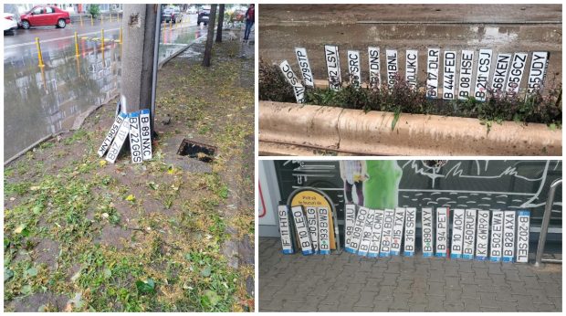 Sute de plăcuțe de înmatriculare pierdute în București, în timpul furtunii de joi seară. FOTO