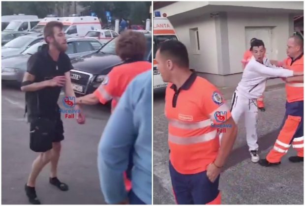 Scandal în curtea Serviciului de Ambulanţă Suceava. Doi bărbaţi s-au bătut și au fost despărțiți de ambulanțieri. VIDEO